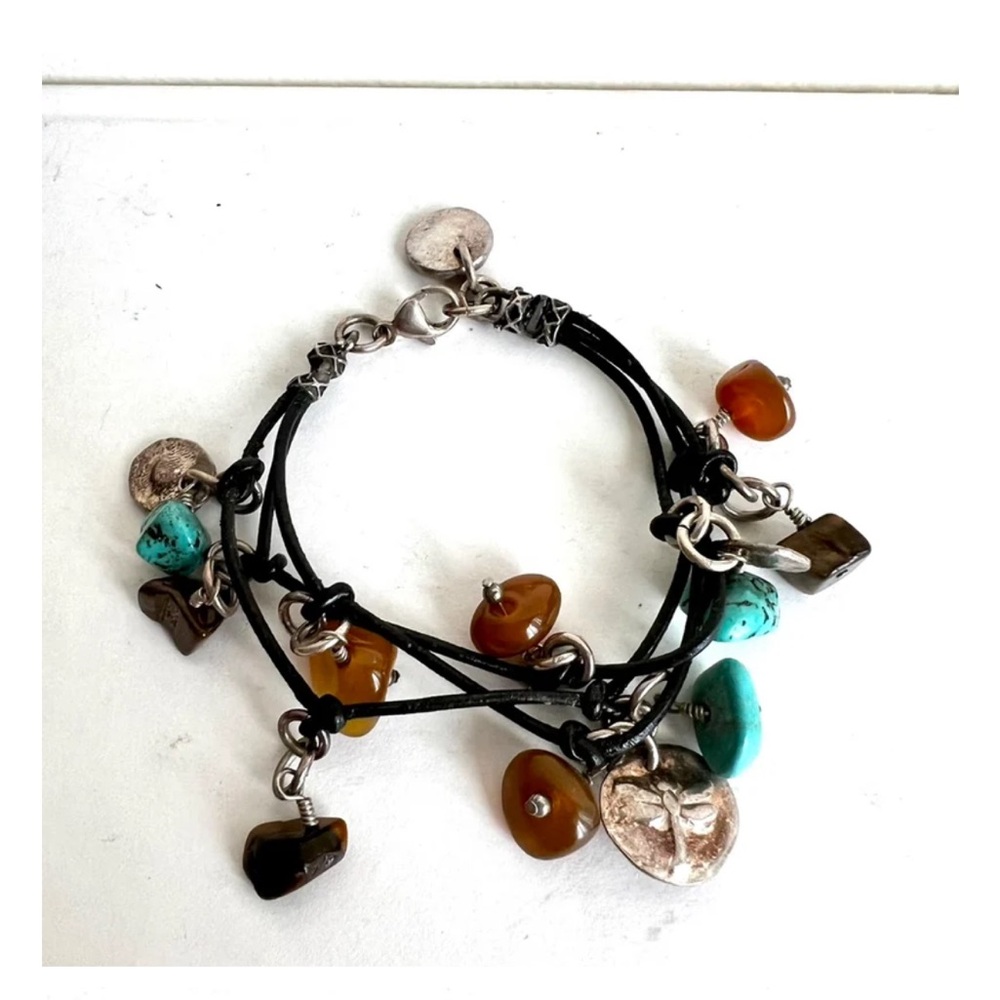 Leather cord triple strand turquoise tiger eye and carnelian charm bracelet